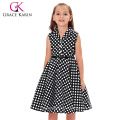 Grace Karin Kids Vintage 50s Dress Girls Retro Vintage Sleeveless Lapel Collar Black Dress With White Polka Dots CL009000-1